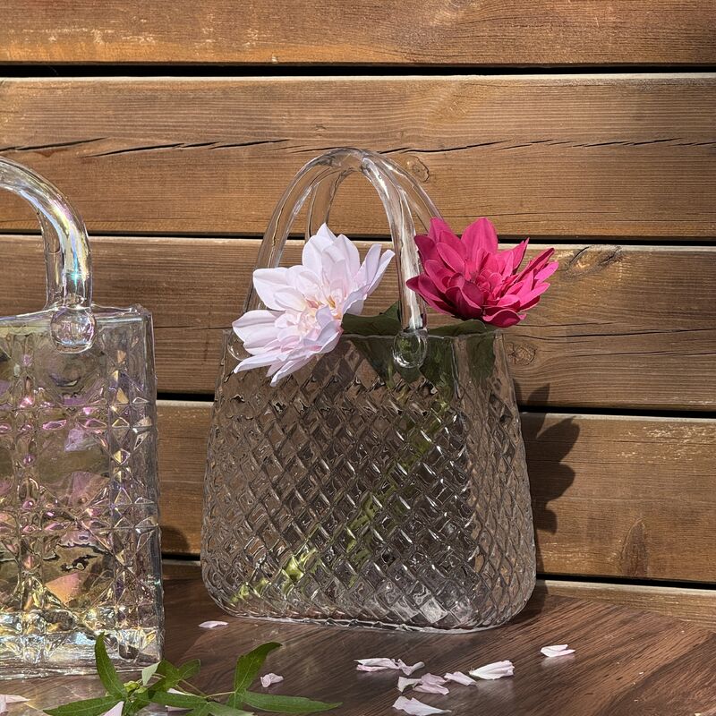 kualitas Hand-Blown Diamond Pattern Glass Handbag Vase - Versatile Dekorasi Pusat untuk Rumah & Wedding Dekorasi pabrik