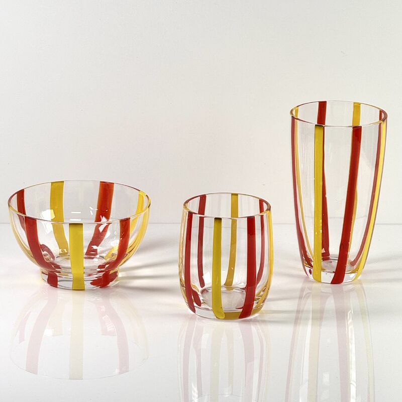 Kualitas Hand Blown Colored Cane Striped Glass Tumbler & Bowl Set, Murano Style Red Yellow Vertical Stripe Drinking Cups and Snack Bowl, Lead-Free Art Glass for Water, Juice, Table Decor pabrik