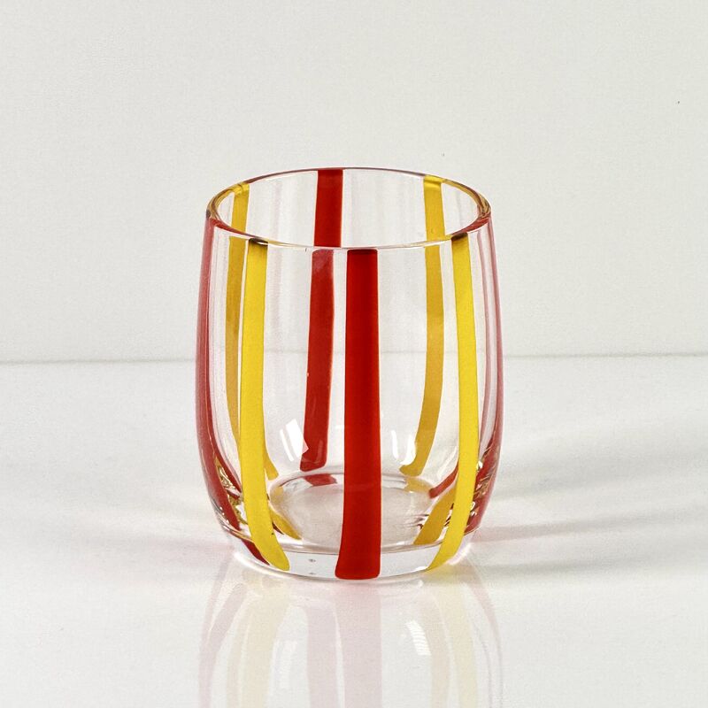 Kualitas Hand Blown Colored Cane Striped Glass Tumbler & Bowl Set, Murano Style Red Yellow Vertical Stripe Drinking Cups and Snack Bowl, Lead-Free Art Glass for Water, Juice, Table Decor pabrik