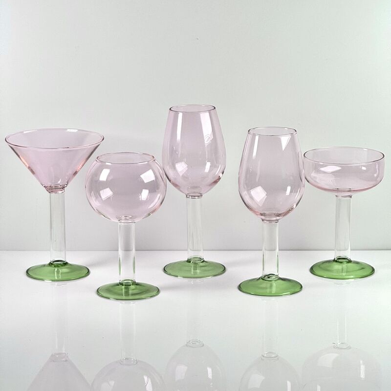 Kualitas Hand Blown Borosilicate Stemmed Wine & Cocktail Glass Set, Pink Bowl with Green Hollow Stem Base, Colored Spray Tinted Art Goblets for Bar, Wedding & Table Decor pabrik