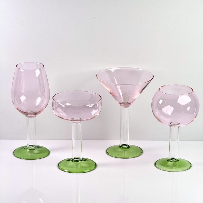 Kualitas Hand Blown Borosilicate Stemmed Wine & Cocktail Glass Set, Pink Bowl with Green Hollow Stem Base, Colored Spray Tinted Art Goblets for Bar, Wedding & Table Decor pabrik