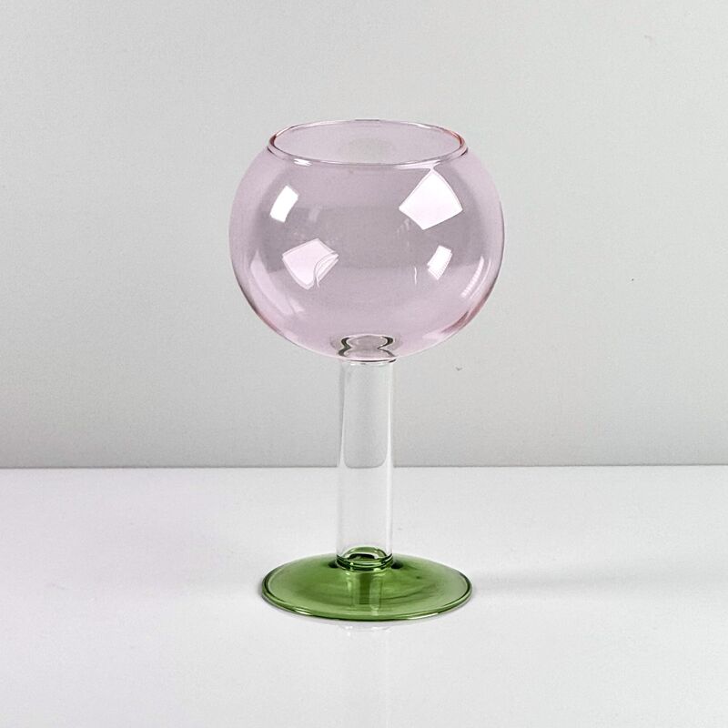 Kualitas Hand Blown Borosilicate Stemmed Wine & Cocktail Glass Set, Pink Bowl with Green Hollow Stem Base, Colored Spray Tinted Art Goblets for Bar, Wedding & Table Decor pabrik