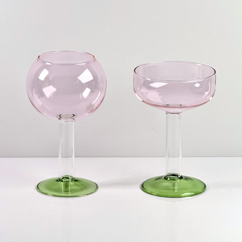 Kualitas Hand Blown Borosilicate Stemmed Wine & Cocktail Glass Set, Pink Bowl with Green Hollow Stem Base, Colored Spray Tinted Art Goblets for Bar, Wedding & Table Decor pabrik