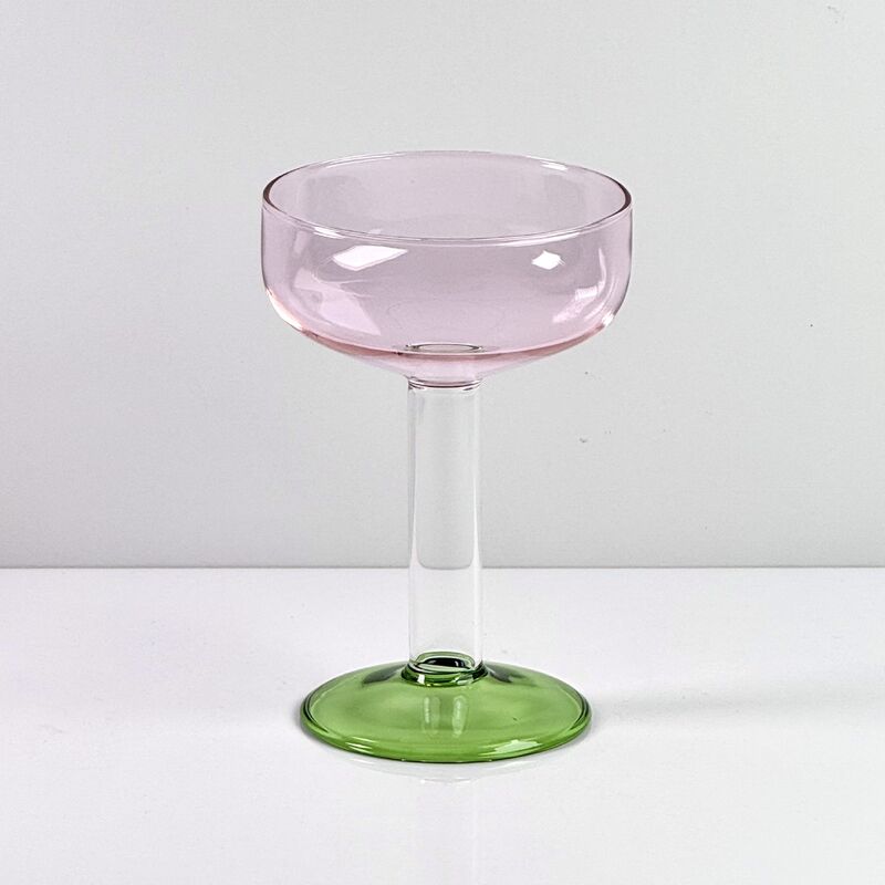 Kualitas Hand Blown Borosilicate Stemmed Wine & Cocktail Glass Set, Pink Bowl with Green Hollow Stem Base, Colored Spray Tinted Art Goblets for Bar, Wedding & Table Decor pabrik