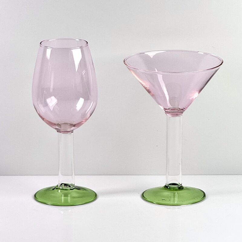 Kualitas Hand Blown Borosilicate Stemmed Wine & Cocktail Glass Set, Pink Bowl with Green Hollow Stem Base, Colored Spray Tinted Art Goblets for Bar, Wedding & Table Decor pabrik