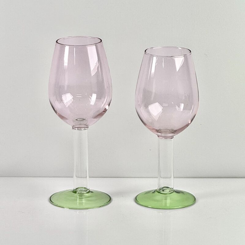Kualitas Hand Blown Borosilicate Stemmed Wine & Cocktail Glass Set, Pink Bowl with Green Hollow Stem Base, Colored Spray Tinted Art Goblets for Bar, Wedding & Table Decor pabrik