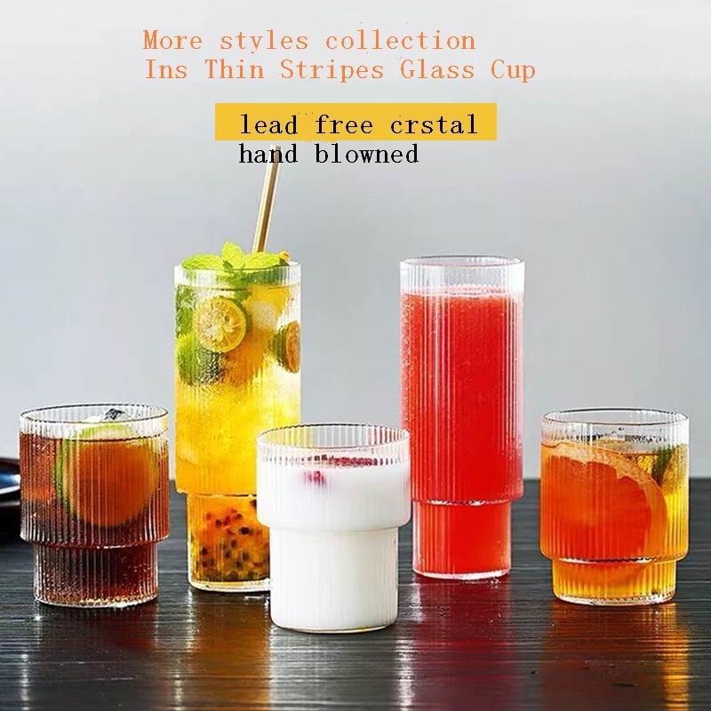 kualitas Thin Wall 7cm Diameter Tumbler Drinking Glasses With Optical Stripes pabrik