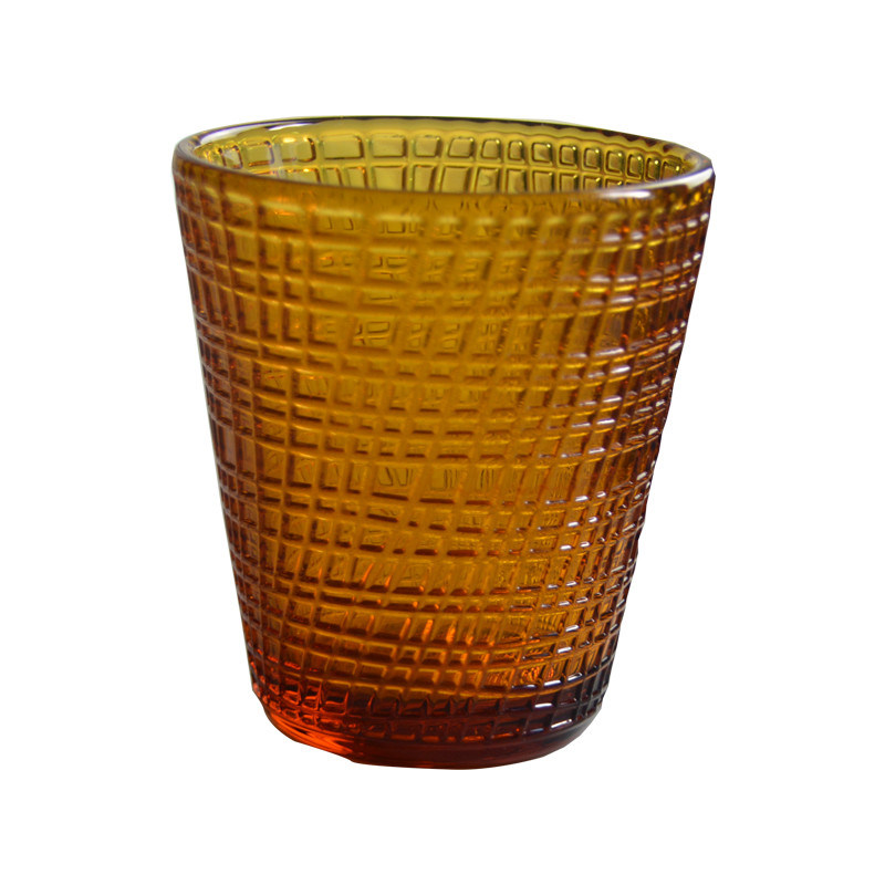 kualitas Embossed Linen Pattern Solid Amber Glass Tea Light Holders pabrik