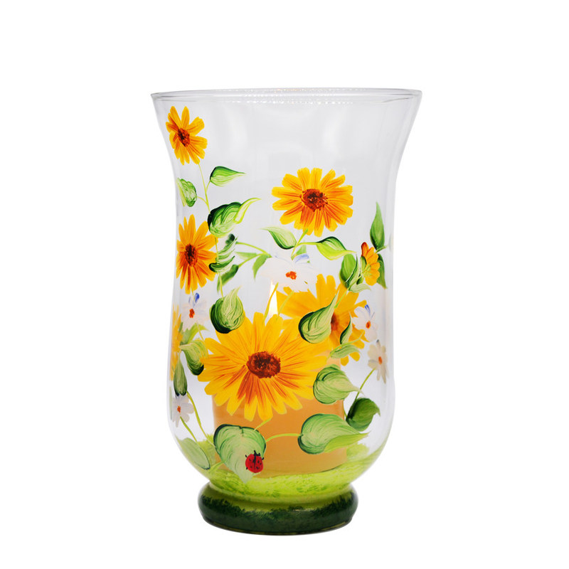 kualitas Hand Painted Sunflower Pattern Glass Candle Holders For Home pabrik