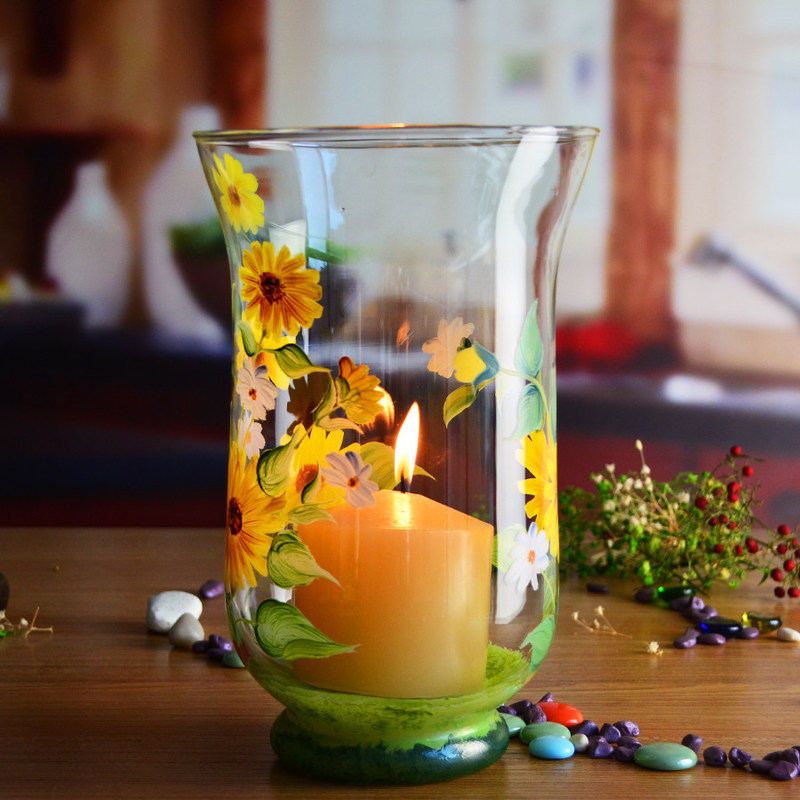 kualitas Hand Painted Sunflower Pattern Glass Candle Holders For Home pabrik