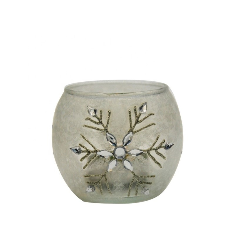 kualitas Handpainted Christmas Snowflake Glass Cylinder Candle Holders pabrik