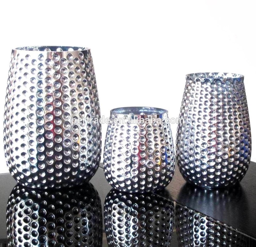 kualitas 3 Size Silver Color Egg Shape Glass Candle Holders pabrik