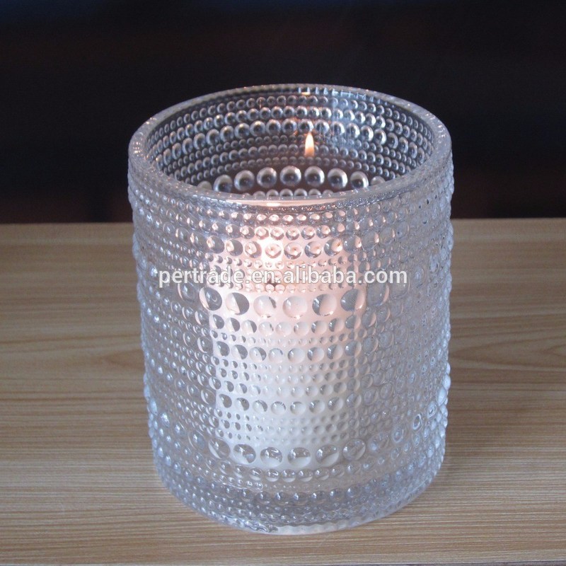 kualitas Customized Embossed Beads Strings Glass Votive Candle Holders ,  Glass Cylinder Candle Holders pabrik