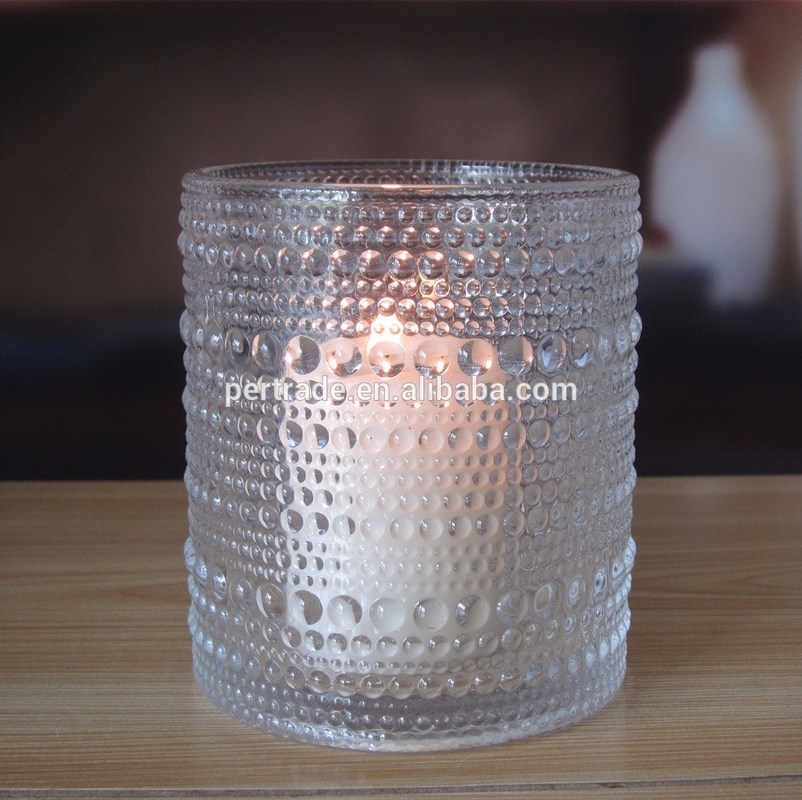 kualitas Customized Embossed Beads Strings Glass Votive Candle Holders ,  Glass Cylinder Candle Holders pabrik