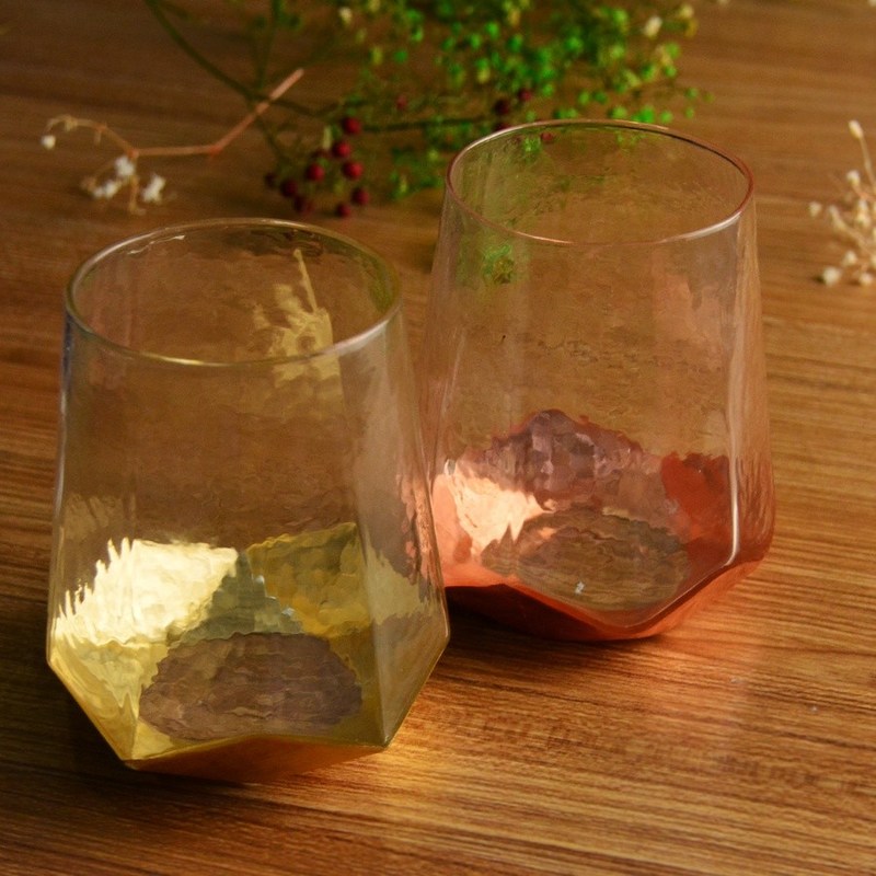 kualitas Customize Stemless Gold Foil Decorated Crystal Wine Glass pabrik