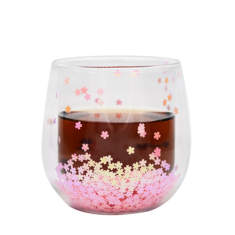 kualitas Customized Double Wall Glass Coffee Cup Decorative Glitter Tumbler Drinking Glasses pabrik