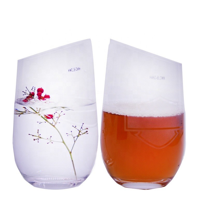 kualitas Bevel Oblique Edge Stemless Crystal Wine Glass With Angle Top pabrik