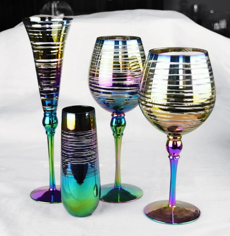kualitas Laser Circles Pattern Iridescent Crystal Wine Glass With Pearl Stem pabrik