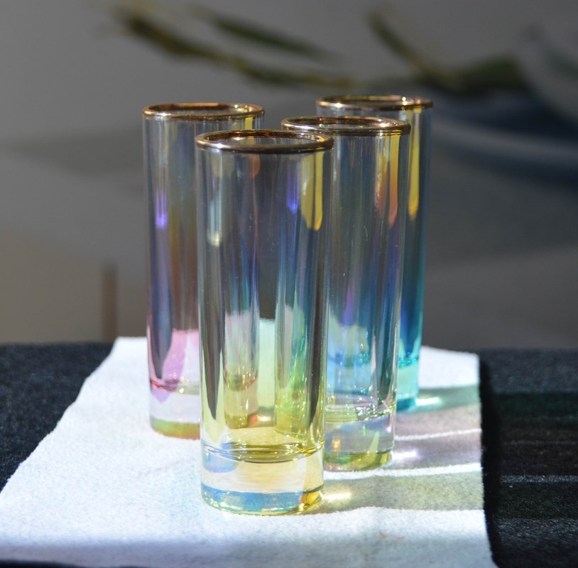 kualitas Personalized INS Gradient Color Gold Rim Unique Shot Glass Set pabrik