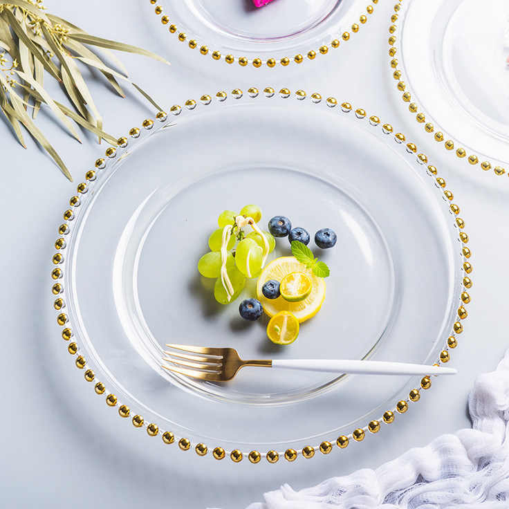 kualitas Gold Decorated Glass Charger Plates pabrik