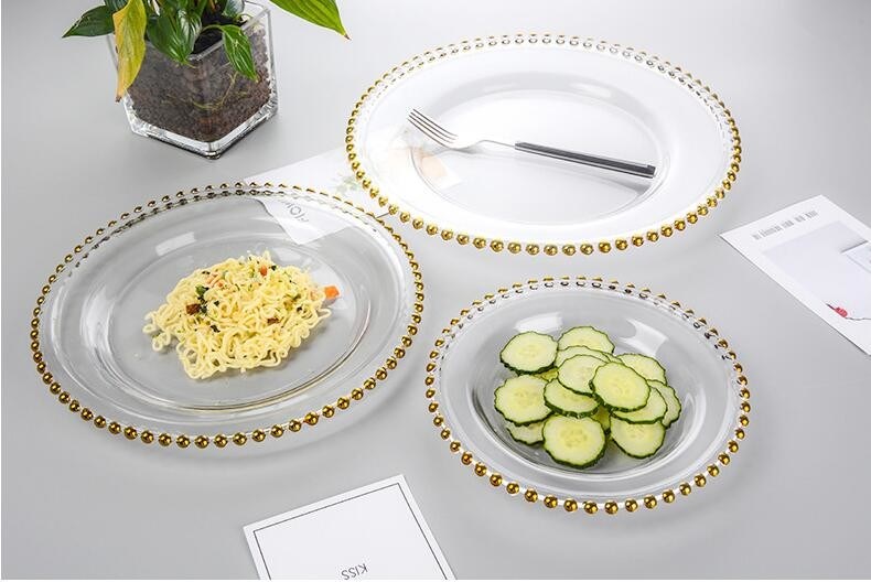kualitas Gold Decorated Glass Charger Plates pabrik