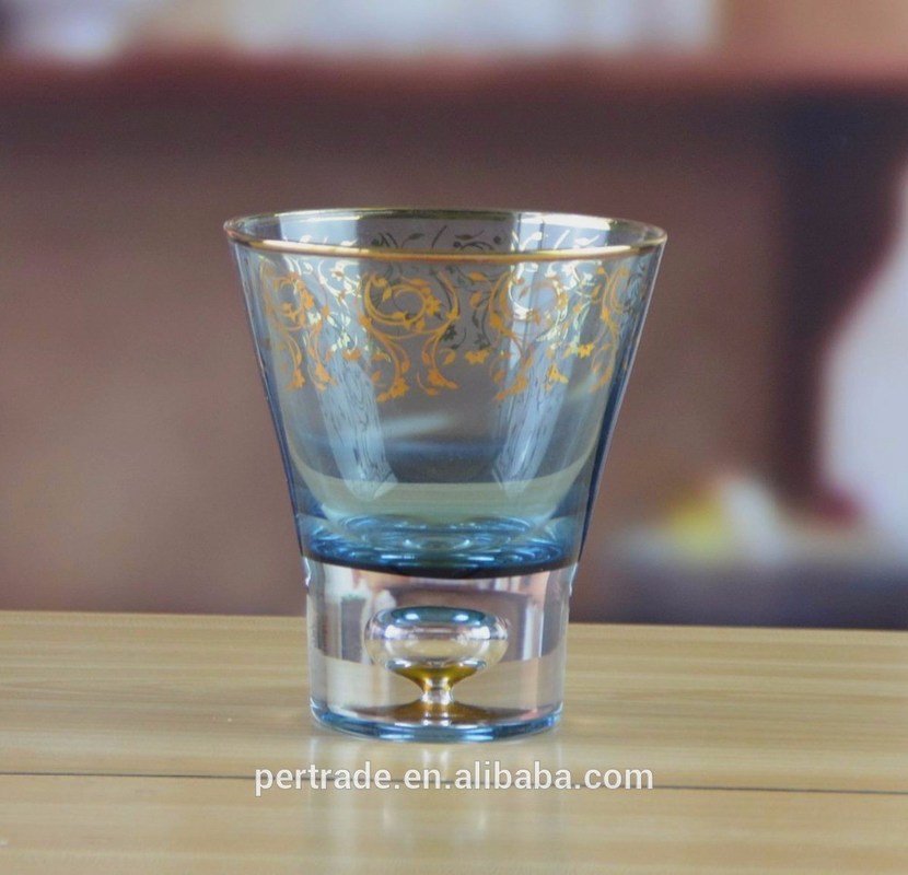 kualitas Blue Color Golden Rim Stemless Crystal Cocktail Glasses pabrik