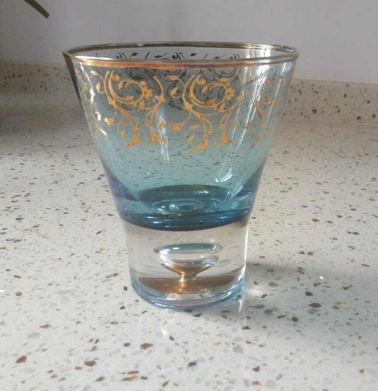 kualitas Blue Color Golden Rim Stemless Crystal Cocktail Glasses pabrik