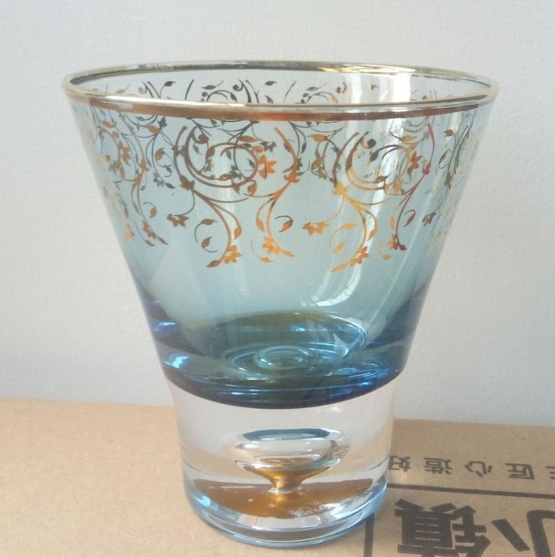 kualitas Blue Color Golden Rim Stemless Crystal Cocktail Glasses pabrik