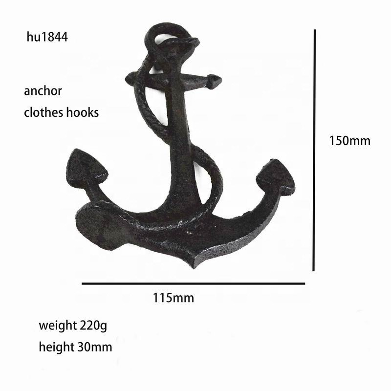 kualitas Decorative Anchor Shape Black Iron Coat Hooks Cast Iron Crafts pabrik