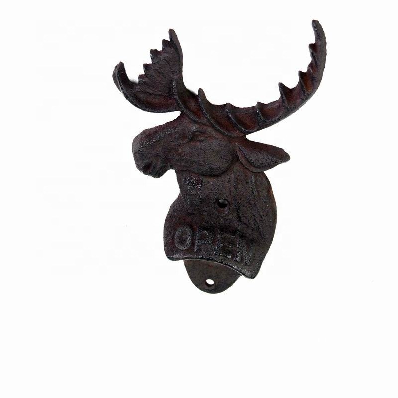 kualitas Home Decor Deer Head Brown Rust Cast Iron Bottle Opener pabrik