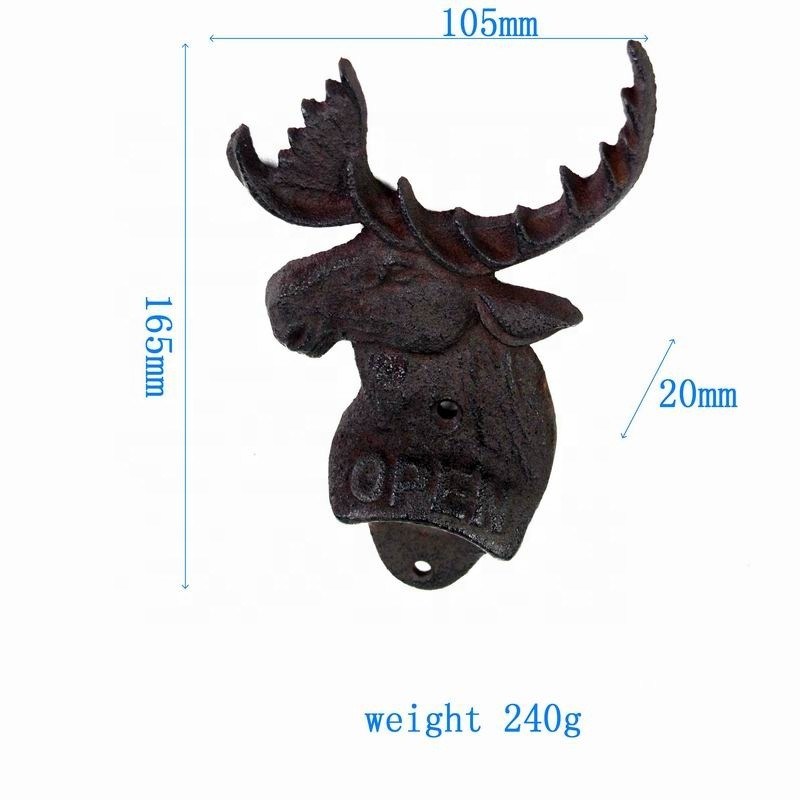 kualitas Home Decor Deer Head Brown Rust Cast Iron Bottle Opener pabrik
