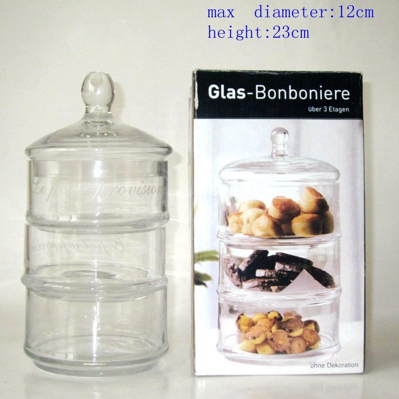 kualitas Handblown 3 Layer Stackable Storage Jars With Lids pabrik