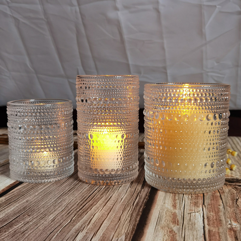 kualitas Customized Embossed Beads Strings Glass Votive Candle Holders ,  Glass Cylinder Candle Holders pabrik