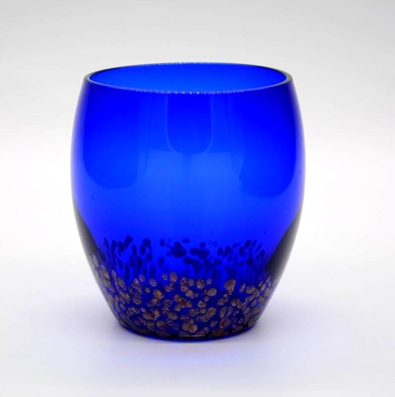 kualitas Solid Cobalt Blue Whisky Tumbler Glass With Golden Stone pabrik