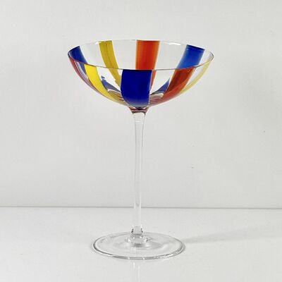 Kualitas Hand Blown Art Glass Goblet & Coupe Glass Set, Vibrant Red Yellow Blue Vertical Cane Stripes Murano Style Stemmed Wine & Martini Glasses for Bar, Party & Gift pabrik