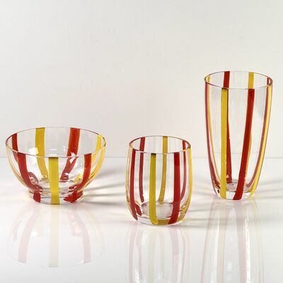Kualitas Hand Blown Colored Cane Striped Glass Tumbler & Bowl Set, Murano Style Red Yellow Vertical Stripe Drinking Cups and Snack Bowl, Lead-Free Art Glass for Water, Juice, Table Decor pabrik