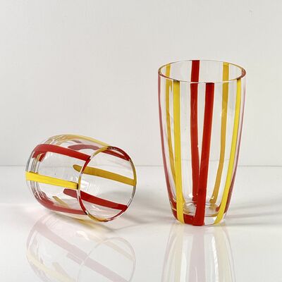 Kualitas Hand Blown Colored Cane Striped Glass Tumbler & Bowl Set, Murano Style Red Yellow Vertical Stripe Drinking Cups and Snack Bowl, Lead-Free Art Glass for Water, Juice, Table Decor pabrik