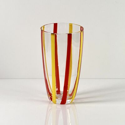 Kualitas Hand Blown Colored Cane Striped Glass Tumbler & Bowl Set, Murano Style Red Yellow Vertical Stripe Drinking Cups and Snack Bowl, Lead-Free Art Glass for Water, Juice, Table Decor pabrik