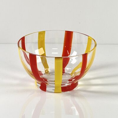 Kualitas Hand Blown Colored Cane Striped Glass Tumbler & Bowl Set, Murano Style Red Yellow Vertical Stripe Drinking Cups and Snack Bowl, Lead-Free Art Glass for Water, Juice, Table Decor pabrik