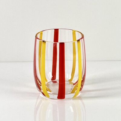 Kualitas Hand Blown Colored Cane Striped Glass Tumbler & Bowl Set, Murano Style Red Yellow Vertical Stripe Drinking Cups and Snack Bowl, Lead-Free Art Glass for Water, Juice, Table Decor pabrik