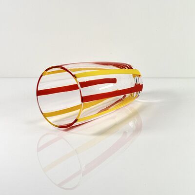 Kualitas Hand Blown Colored Cane Striped Glass Tumbler & Bowl Set, Murano Style Red Yellow Vertical Stripe Drinking Cups and Snack Bowl, Lead-Free Art Glass for Water, Juice, Table Decor pabrik