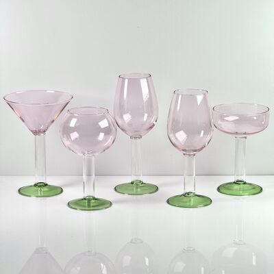Kualitas Hand Blown Borosilicate Stemmed Wine & Cocktail Glass Set, Pink Bowl with Green Hollow Stem Base, Colored Spray Tinted Art Goblets for Bar, Wedding & Table Decor pabrik