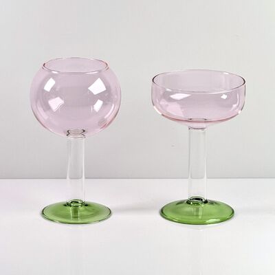 Kualitas Hand Blown Borosilicate Stemmed Wine & Cocktail Glass Set, Pink Bowl with Green Hollow Stem Base, Colored Spray Tinted Art Goblets for Bar, Wedding & Table Decor pabrik