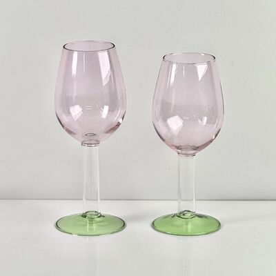 Kualitas Hand Blown Borosilicate Stemmed Wine & Cocktail Glass Set, Pink Bowl with Green Hollow Stem Base, Colored Spray Tinted Art Goblets for Bar, Wedding & Table Decor pabrik