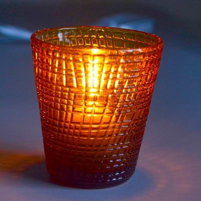 kualitas Embossed Linen Pattern Solid Amber Glass Tea Light Holders pabrik