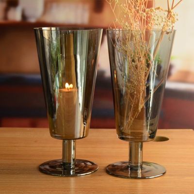 kualitas Stemed Electroplated Grey Glass Candle Holder Centerpieces pabrik