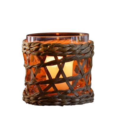 kualitas Round Creative Glass Candle Holders With Wicker Sleeve pabrik