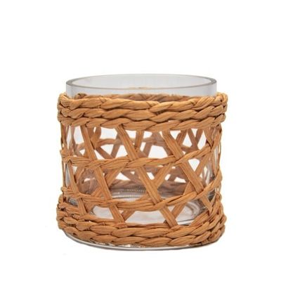 kualitas Round Creative Glass Candle Holders With Wicker Sleeve pabrik