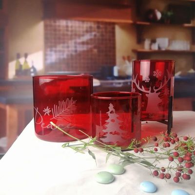 kualitas Brosilicate Glass Candle Holders With Etched Christmas Pattern pabrik