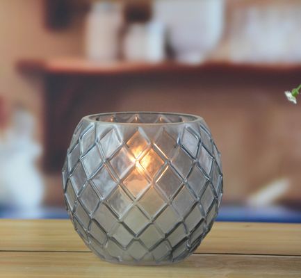 kualitas 8" Grey Embossed Fence Pattern Glass Candle Holders pabrik